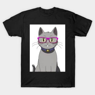 Cute Grey Cat with Nerdy Pink Glasses - Anime Wallpaper T-Shirt